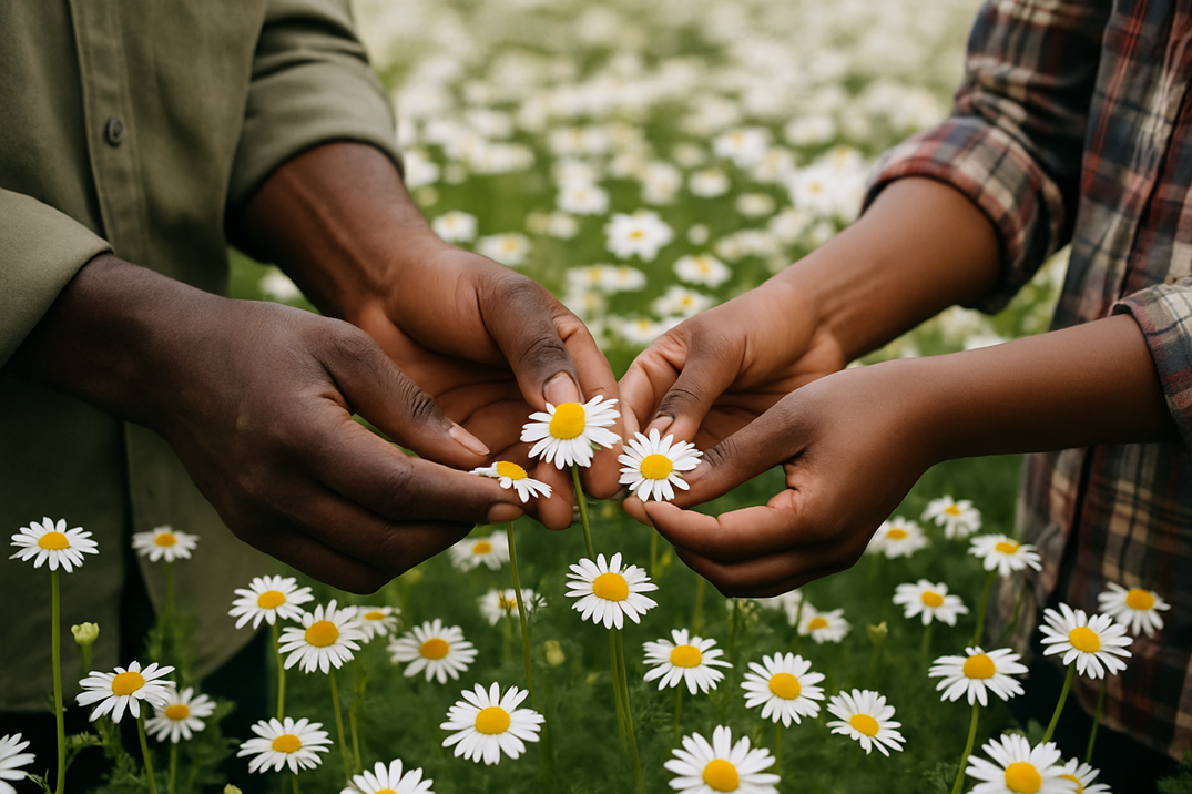 Two pairs of hands holding a pyrethrum flower in a field of daisies